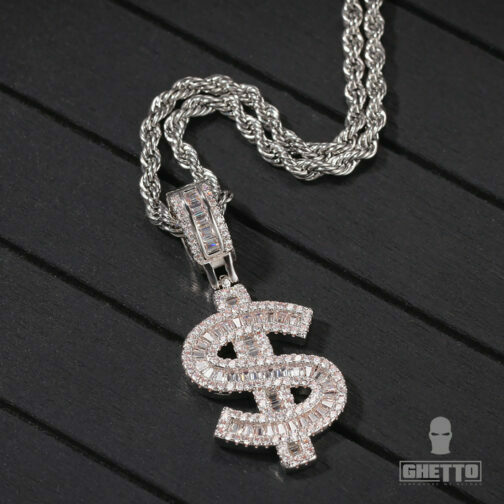 3A+ Cubic Zirconia 18K Plated Bling Iced Out US Dollars Sign $ Pendant Necklace