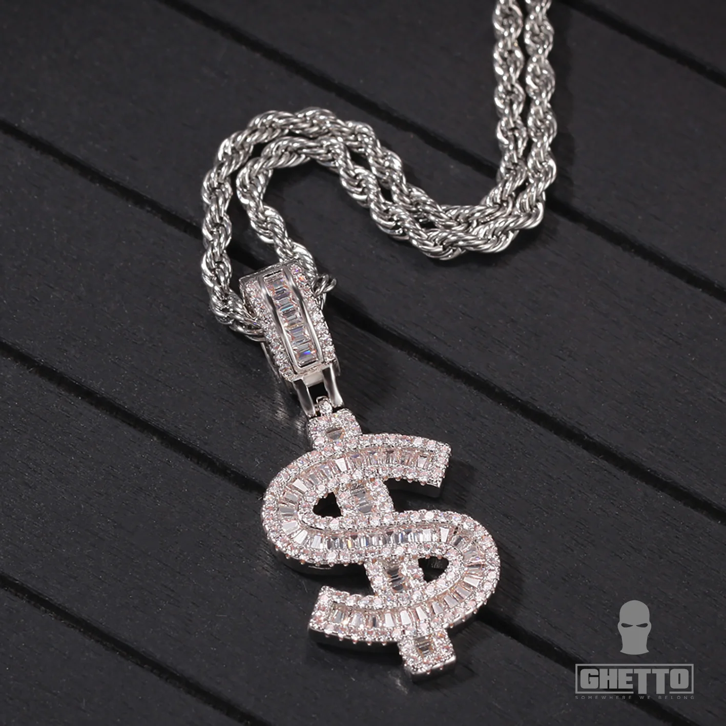 3A+ Cubic Zirconia 18K Plated Bling Iced Out US Dollars Sign $ Pendant Necklace