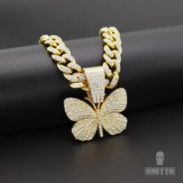 Ghetto Hip Hop Big Butterfly Pendant Necklace Rhinestone Cuban Link Chain