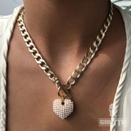 Creative Pearl Heart Γυναικείο Μενταγιόν Choker Thick Chain Κολιέ