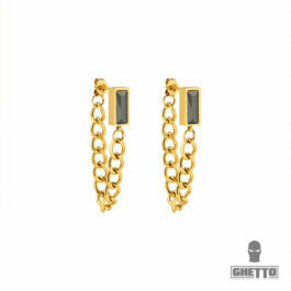 Ghetto 18K Gold Green Square Zircon Tassel Chain Earrings.