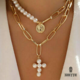 Ghetto Vintage Pearl Necklace Coin Cross Choker