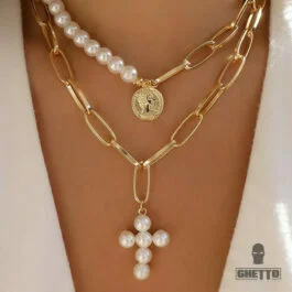 Ghetto Vintage Pearl Colier Coin Cross Choker