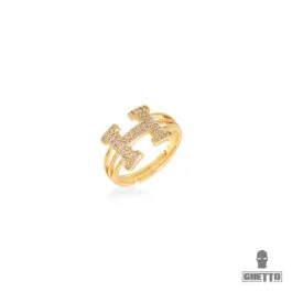 Ghetto H Letter Shaped CZ Inel reglabil din aur de 18k