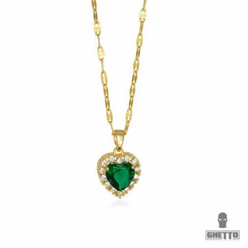 colier ghetto cu inimă verde placat cu aur de 18k