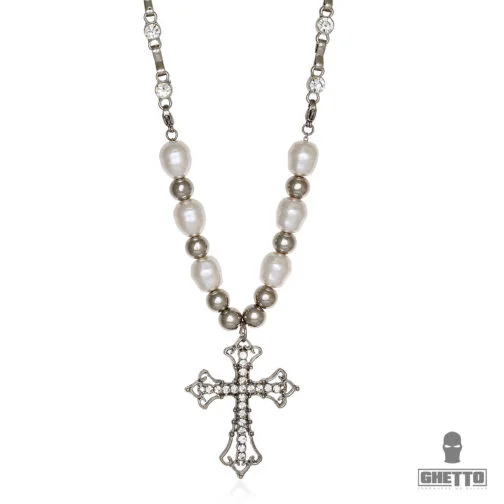 ghetto rhinestone sweet cross retro pearl necklace