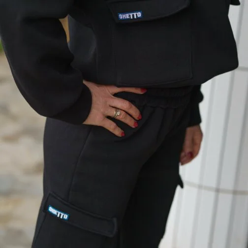 ghetto street wear set sport hoodie crop top pants big pocket black for women one size
