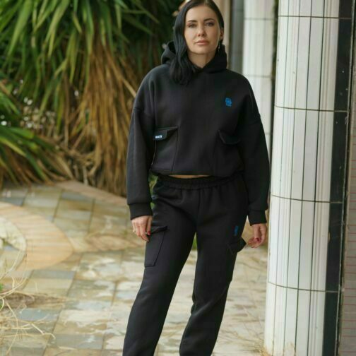 ghetto street wear set sport hoodie crop top pants big pocket black for women one size