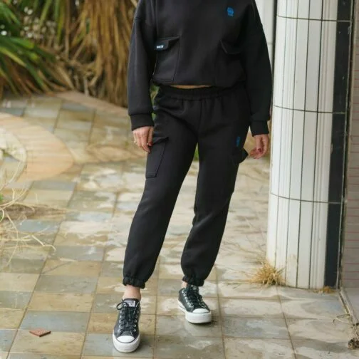 ghetto street wear set sport hoodie crop top pants big pocket black for women one size