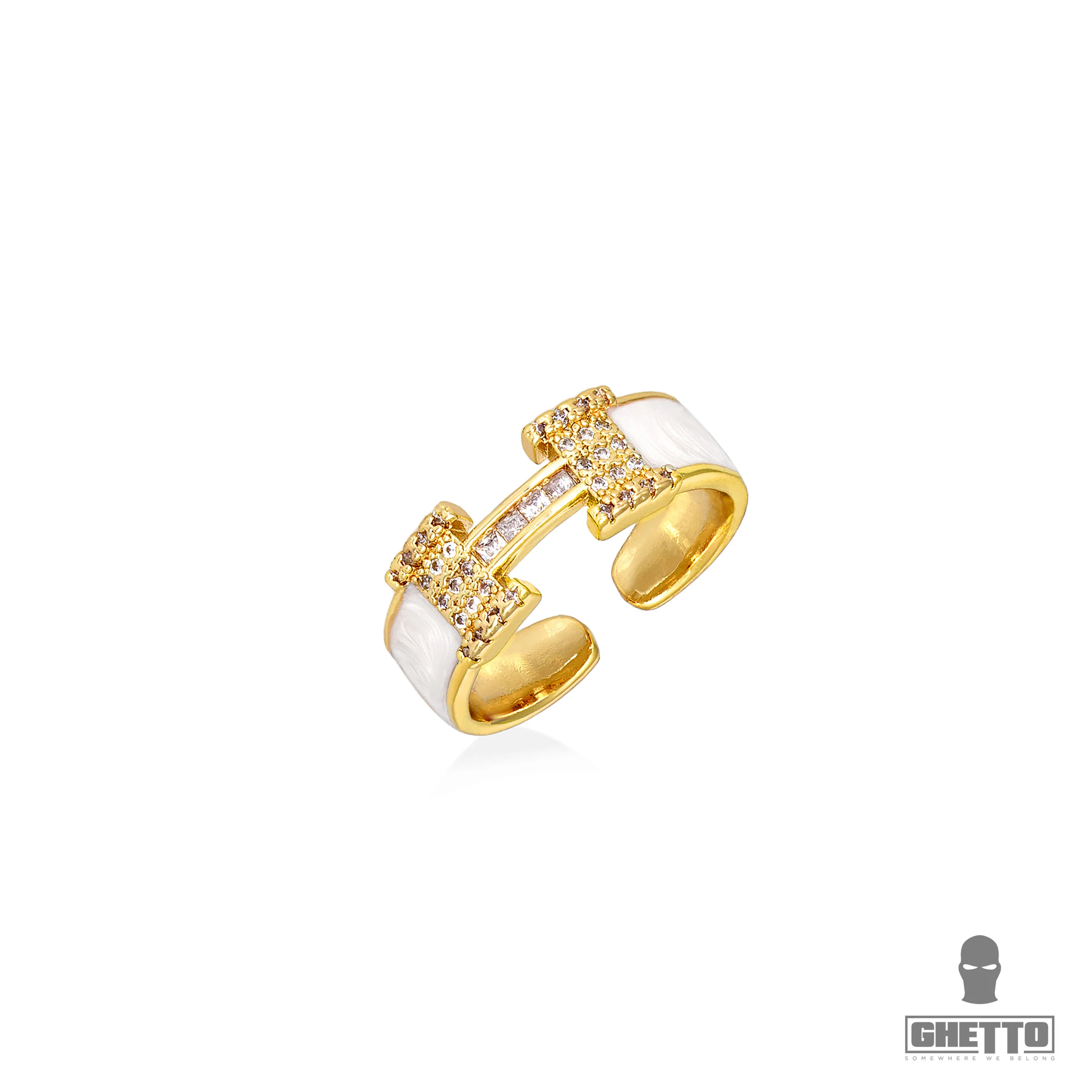 ghetto h letter shaped cz 18k gold/white adjustable ring