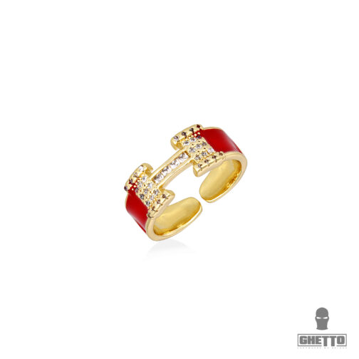 ghetto h letter shaped cz 18k gold/red adjustable ring