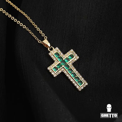 ghetto cz green cross pendant necklace gold18k plated