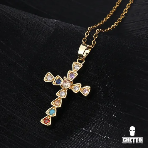 ghetto cross gold multicolor pendant cz chain necklace