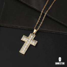 Ghetto CZ Cross Pendant Necklace Gold18k Plated