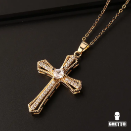 Ghetto CZ Full Diamond Gold Plated Cross Pendant Necklace