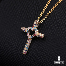 Ghetto Colourful CZ Cross 18k Pendant Necklace Full Diamond Hollow Heart