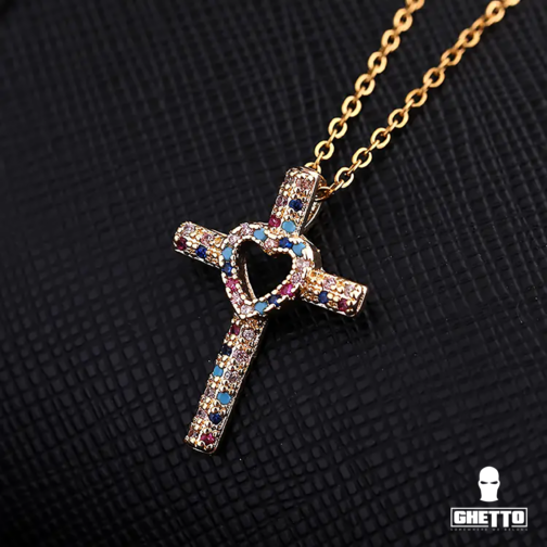 ghetto colorful cz cross gold18k pendant necklace full diamond hollow heart