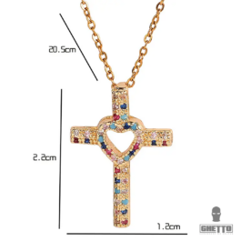 Ghetto Colourful CZ Cross 18k Pendant Necklace Full Diamond Hollow Heart