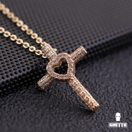 Ghetto CZ Cross 18k Pendant Necklace Full Diamond Hollow Heart