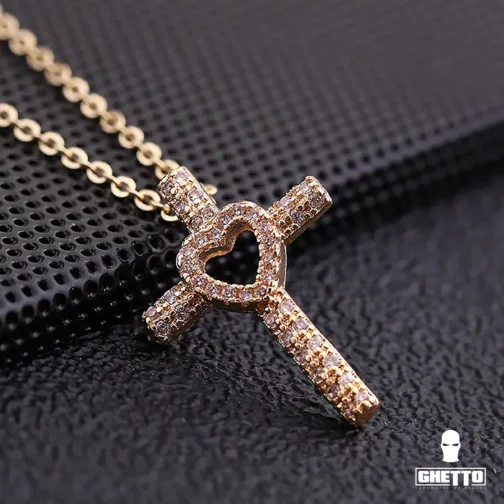 ghetto cz кръст злато18k висулка колие пълен диамант кухо сърце