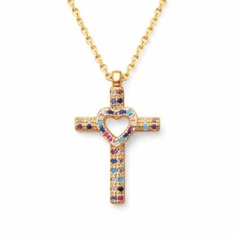 Ghetto Colourful CZ Cross 18k Pendant Necklace Full Diamond Hollow Heart
