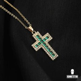 Ghetto CZ Green Cross Pendant Necklace Gold18k Plated
