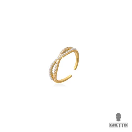ghetto open cross diamond pearl adjustable 18k gold ring