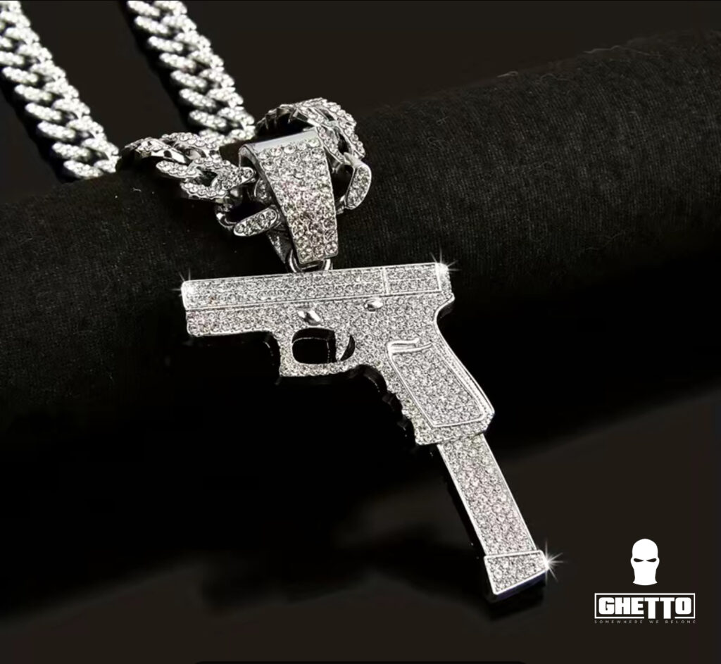 Ghetto Hip Hop Ice Out CZ Alloy Cuban Link Chain Gun Pendant GHETTO
