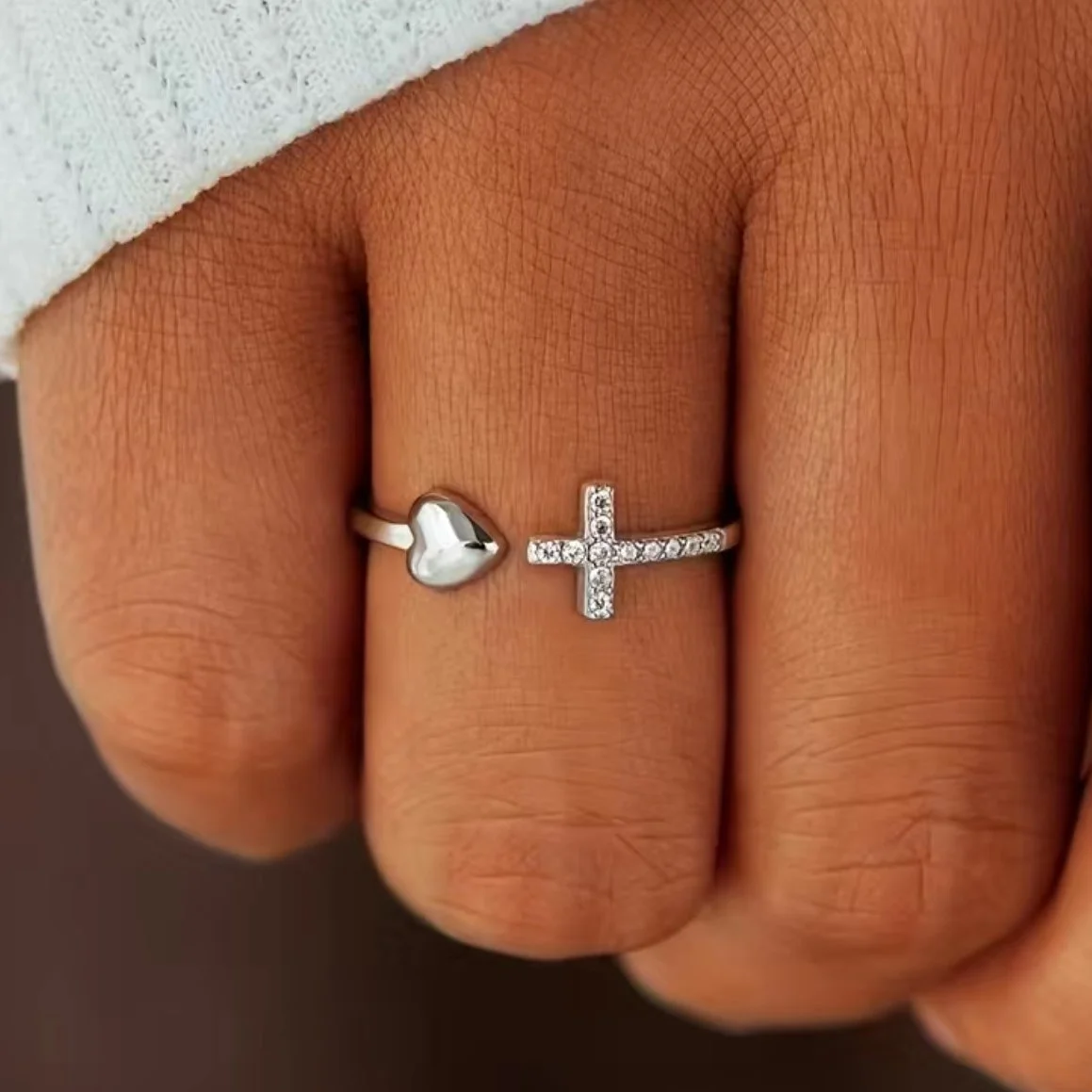 ghetto open cross heart stainless steel ring