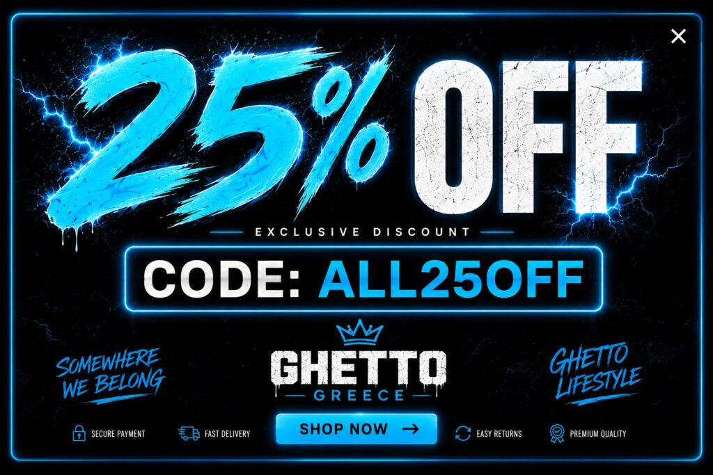 Neon-style banner advertising 25% off with code ALL250OFF and a blue 'Shop Now' button, branding for GHETTO GREECE.