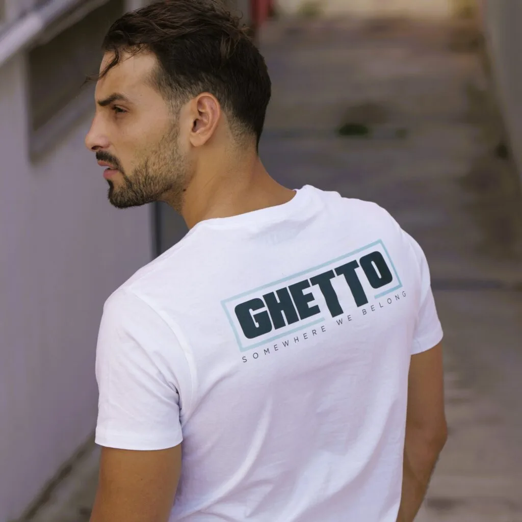 ghetto alb albastru masca t shirt ghetto spate logo unisex
