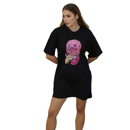 ghetto lung negru t shirt balaclava fată ștampilă pentru femei