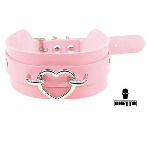 ghetto punk pink leather silver heart gothic choker necklace