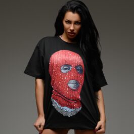 Ghetto Tricou negru Balaclava Stamp Hip Hop Streetwear