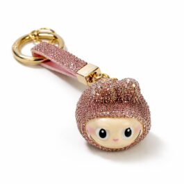 Ghetto Sparkly Labubu Keychain with Rhinestones | Gold Pink Tone Key Charm