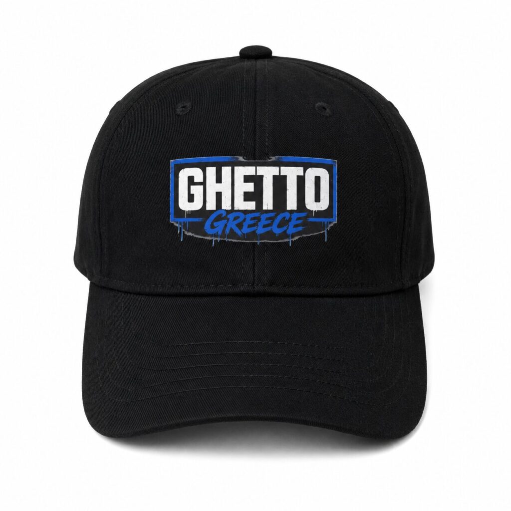 GHETTO GREECE Black Baseball Cap – Adjustable Adult Size - Image 2
