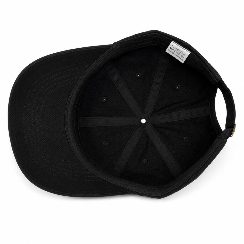 Black baseball cap viewed from above, showing the inside crown with seam panels and a small tag reading '100% cotton, made in China, one size fits all'