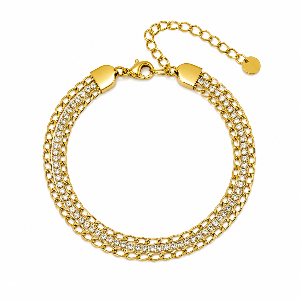 Gold Triple Chain Stainless Steel Bracelet with Crystal Zirconia
