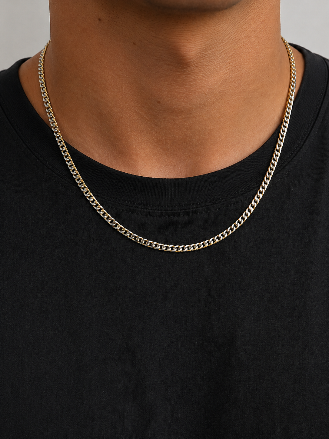 Ghetto 2 Tone Stainless Steel Chain Necklace 55cm Ι (flat) Cuban chain - imagine 2