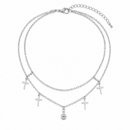 Ghetto Stainless Steel Double Layer Cross Anklet with Crystal Charm – Silver