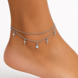 Ghetto Stainless Steel Double Layer Cross Anklet with Crystal Charm – Silver