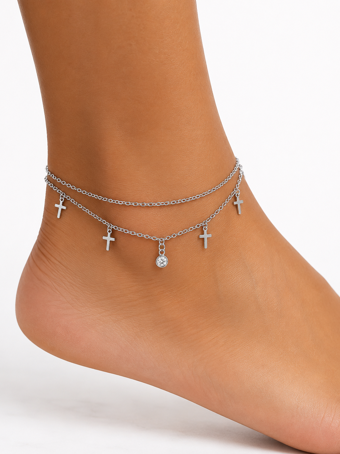 Ghetto Stainless Steel Double Layer Cross Anklet with Crystal Charm – Silver - imagine 2