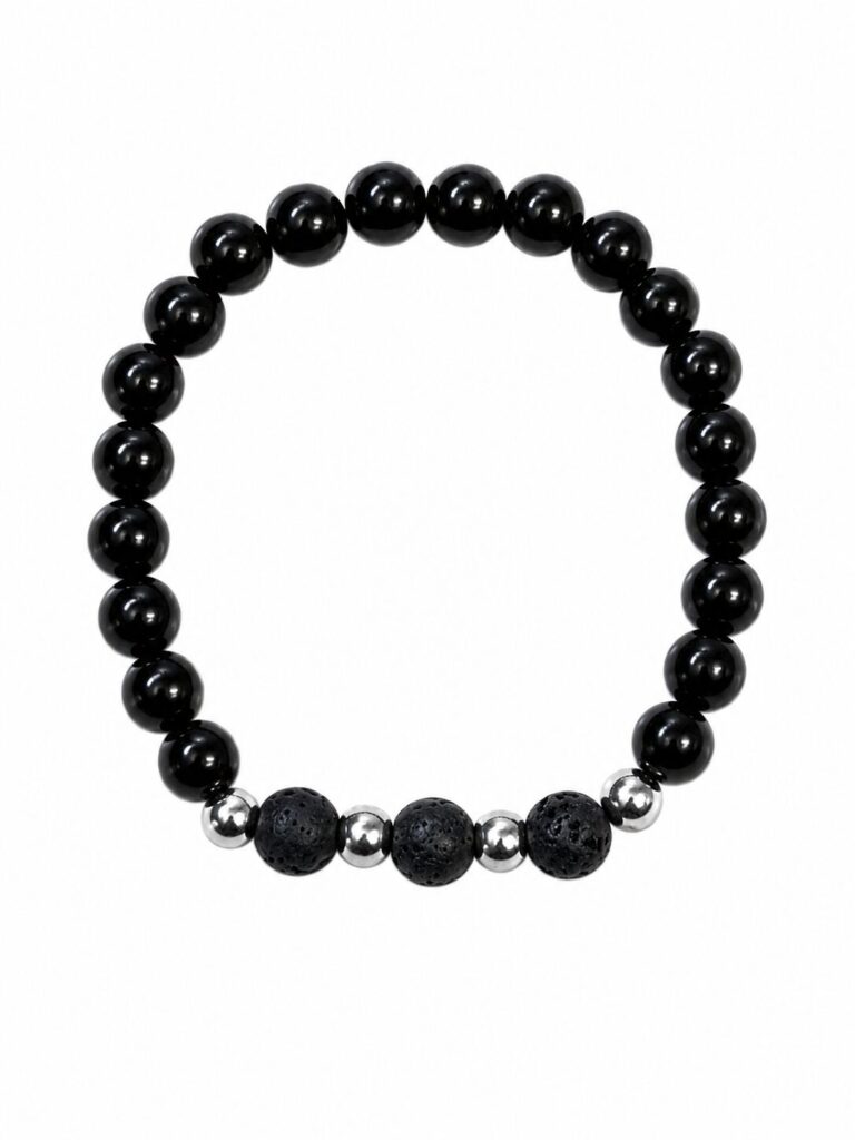 Ελαστικό Βραχιόλι με Μαύρες Χάντρες & Lava Stones – One Size