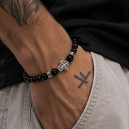 Ghetto Black Beaded Cross Stretch Bracelet
