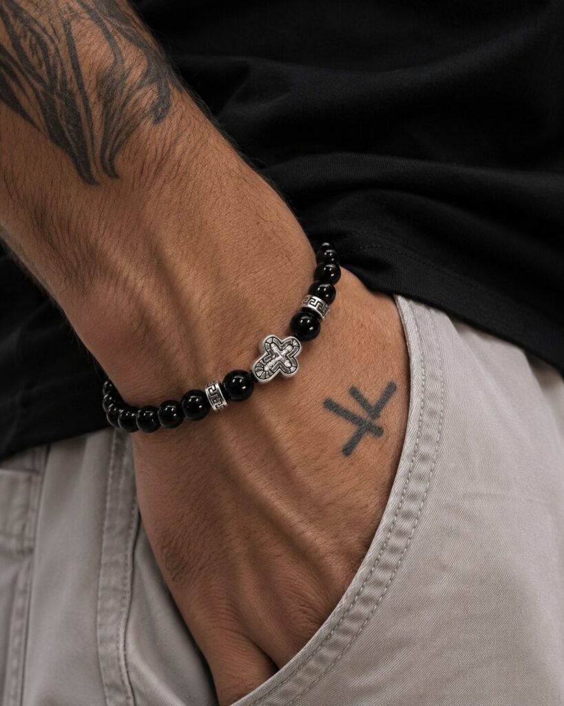 Ghetto Black Beaded Cross Stretch Bracelet - Image 2