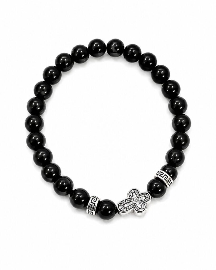 Black Beaded Cross Stretch Bracelet