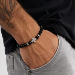 Ghetto Black Beaded Minimal Cross Elastic Bracelet
