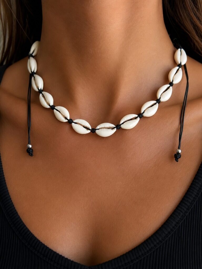 Adjustable Cowrie Shell Choker Necklace | Black Cord